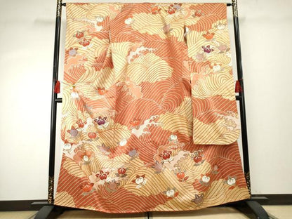 平和屋着物●十日町老舗ブランド　吉澤友禅　吾妻徳穂　振袖　駒刺繍　立波に橘　金彩　正絹　逸品　AABF1056cs