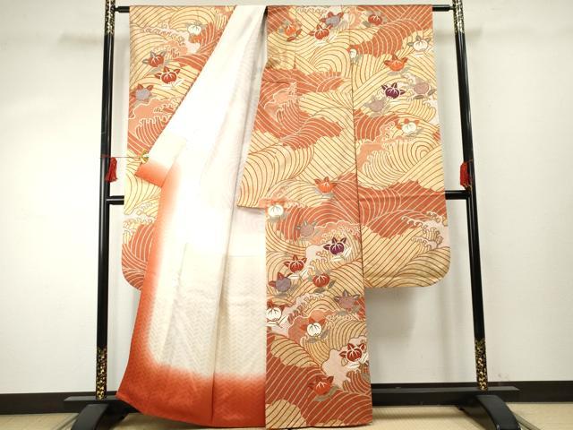 平和屋着物●十日町老舗ブランド　吉澤友禅　吾妻徳穂　振袖　駒刺繍　立波に橘　金彩　正絹　逸品　AABF1056cs