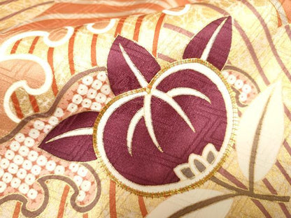 平和屋着物●十日町老舗ブランド　吉澤友禅　吾妻徳穂　振袖　駒刺繍　立波に橘　金彩　正絹　逸品　AABF1056cs