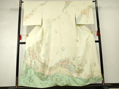 平和屋着物●総刺繍 訪問着 中国三大刺繍 スワトウ刺繍 汕頭刺繍 吉祥雪輪飛鶴草花文 鳥の子色 暈し染め 金糸 正絹 逸品 AABF1058cs