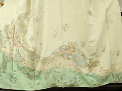 平和屋着物●総刺繍 訪問着 中国三大刺繍 スワトウ刺繍 汕頭刺繍 吉祥雪輪飛鶴草花文 鳥の子色 暈し染め 金糸 正絹 逸品 AABF1058cs