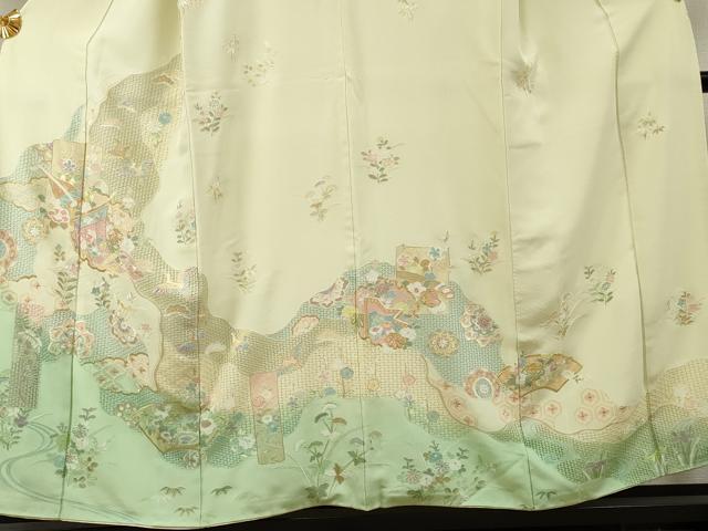 平和屋着物●総刺繍 訪問着 中国三大刺繍 スワトウ刺繍 汕頭刺繍 吉祥雪輪飛鶴草花文 鳥の子色 暈し染め 金糸 正絹 逸品 AABF1058cs
