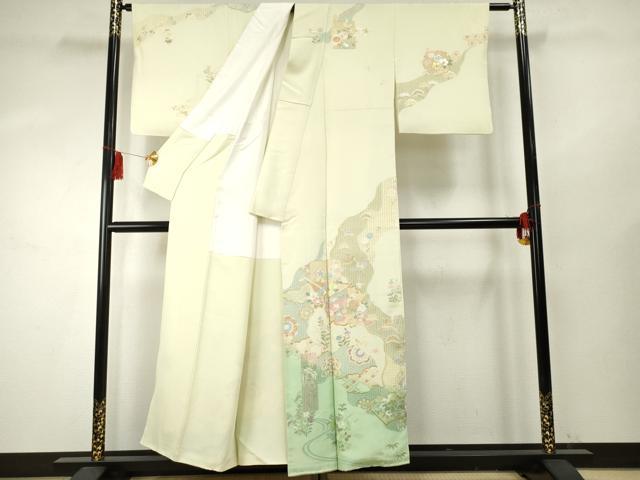 平和屋着物●総刺繍 訪問着 中国三大刺繍 スワトウ刺繍 汕頭刺繍 吉祥雪輪飛鶴草花文 鳥の子色 暈し染め 金糸 正絹 逸品 AABF1058cs