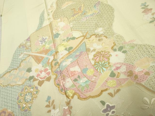 平和屋着物●総刺繍 訪問着 中国三大刺繍 スワトウ刺繍 汕頭刺繍 吉祥雪輪飛鶴草花文 鳥の子色 暈し染め 金糸 正絹 逸品 AABF1058cs