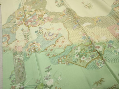 平和屋着物●総刺繍 訪問着 中国三大刺繍 スワトウ刺繍 汕頭刺繍 吉祥雪輪飛鶴草花文 鳥の子色 暈し染め 金糸 正絹 逸品 AABF1058cs