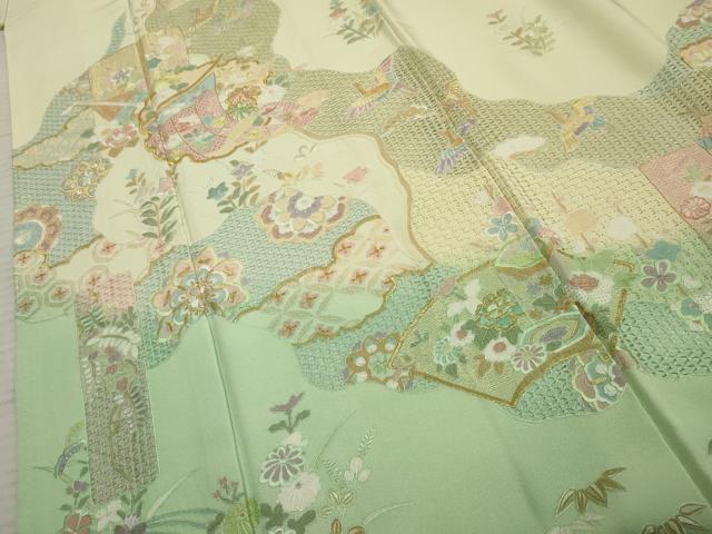 平和屋着物●総刺繍 訪問着 中国三大刺繍 スワトウ刺繍 汕頭刺繍 吉祥雪輪飛鶴草花文 鳥の子色 暈し染め 金糸 正絹 逸品 AABF1058cs