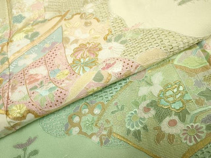 平和屋着物●総刺繍 訪問着 中国三大刺繍 スワトウ刺繍 汕頭刺繍 吉祥雪輪飛鶴草花文 鳥の子色 暈し染め 金糸 正絹 逸品 AABF1058cs