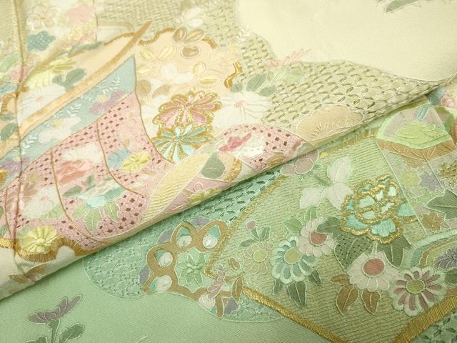 平和屋着物●総刺繍 訪問着 中国三大刺繍 スワトウ刺繍 汕頭刺繍 吉祥雪輪飛鶴草花文 鳥の子色 暈し染め 金糸 正絹 逸品 AABF1058cs