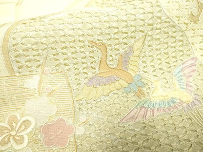 平和屋着物●総刺繍 訪問着 中国三大刺繍 スワトウ刺繍 汕頭刺繍 吉祥雪輪飛鶴草花文 鳥の子色 暈し染め 金糸 正絹 逸品 AABF1058cs