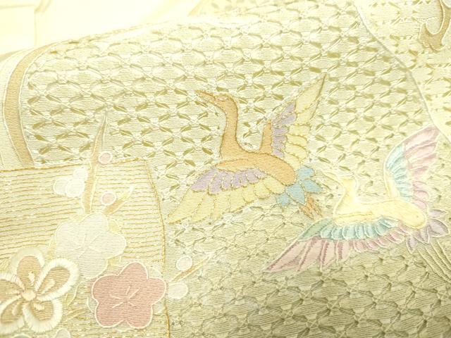 平和屋着物●総刺繍 訪問着 中国三大刺繍 スワトウ刺繍 汕頭刺繍 吉祥雪輪飛鶴草花文 鳥の子色 暈し染め 金糸 正絹 逸品 AABF1058cs