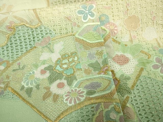 平和屋着物●総刺繍 訪問着 中国三大刺繍 スワトウ刺繍 汕頭刺繍 吉祥雪輪飛鶴草花文 鳥の子色 暈し染め 金糸 正絹 逸品 AABF1058cs