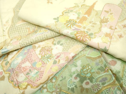平和屋着物●総刺繍 訪問着 中国三大刺繍 スワトウ刺繍 汕頭刺繍 吉祥雪輪飛鶴草花文 鳥の子色 暈し染め 金糸 正絹 逸品 AABF1058cs