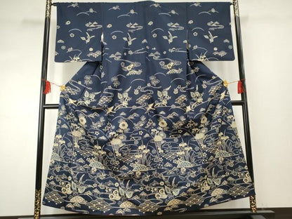 平和屋着物●本場大島紬　染大島　訪問着　型染め　飛鶴吉祥草花文　正絹　逸品　AABF1062cs