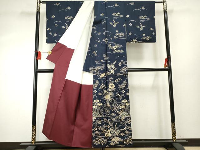 平和屋着物●本場大島紬　染大島　訪問着　型染め　飛鶴吉祥草花文　正絹　逸品　AABF1062cs 平和屋着物○本場大島紬 染大島 訪問着 型染め 飛鶴吉祥草花