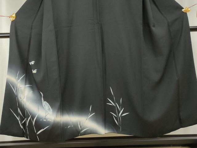 平和屋着物○訪問着 螺鈿 シロサギに舞蝶 暈し染め 黒地 金銀