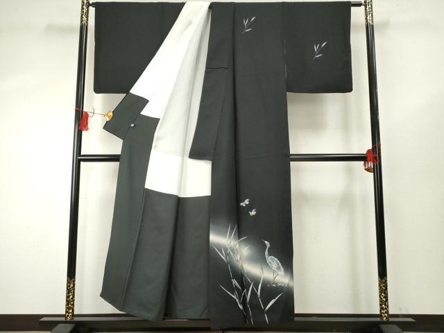 平和屋着物●訪問着　螺鈿　シロサギに舞蝶　暈し染め　黒地　金銀彩　さが美扱い　正絹　逸品　AABF1073cs 平和屋着物○訪問着 螺鈿 シロサギに舞蝶 暈し染め 黒地 金銀