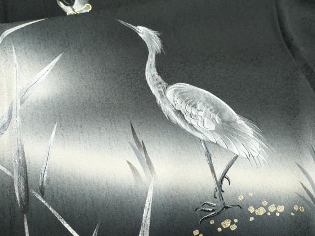平和屋着物●訪問着　螺鈿　シロサギに舞蝶　暈し染め　黒地　金銀彩　さが美扱い　正絹　逸品　AABF1073cs 平和屋着物○訪問着 螺鈿 シロサギに舞蝶 暈し染め 黒地 金銀