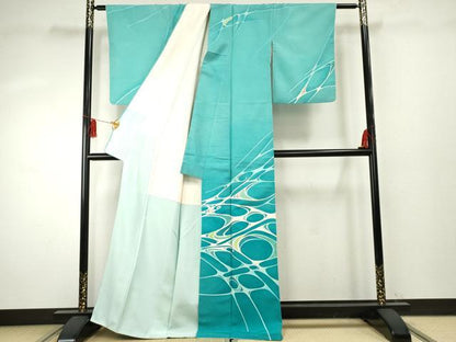 平和屋着物●訪問着　紬地　作家物　稔　ろうけつ染　流水文　正絹　逸品　AABF1080cs