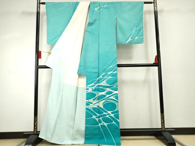 平和屋着物●訪問着　紬地　作家物　稔　ろうけつ染　流水文　正絹　逸品　AABF1080cs