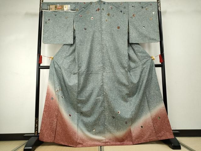 平和屋着物●本場大島紬　染大島　訪問着　色紙花文　金彩　富山矩靖作　証紙付き　正絹　逸品　AABF1085cs 平和屋着物○本場大島紬 染大島 訪問着 色紙花文 金彩 富山矩