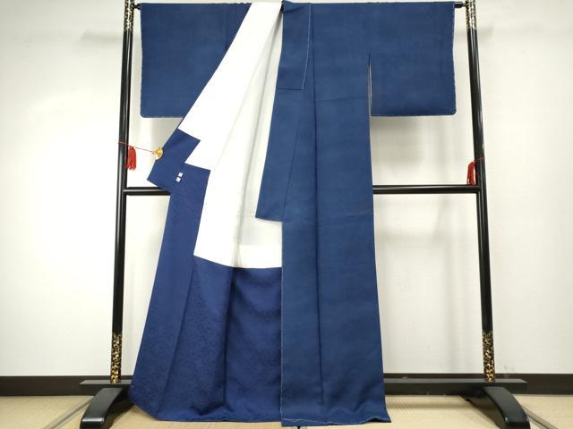 平和屋着物●藍造り国選定無形文化財 藍師・佐藤昭人 中西秀典 色無地 御所車雲重ね地紋 瑠璃紺色 紫香苑 反端付き 逸品 未使用 AABF1087cs