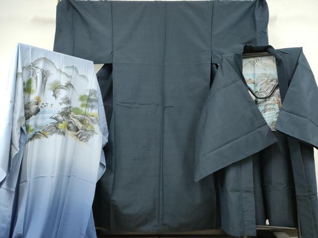 平和屋着物●男性 紬 アンサンブル 長襦袢(袷)セット 色無地 笛紺色 キングサイズ 正絹 逸品 AABF1088cs