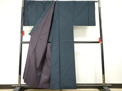 平和屋着物●男性 紬 アンサンブル 長襦袢(袷)セット 色無地 笛紺色 キングサイズ 正絹 逸品 AABF1088cs