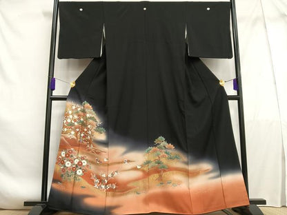平和屋着物■豪華黒留袖 刺繍 鴛鴦花文 暈し染め 金糸 金彩 正絹 逸品 AABF1124oa