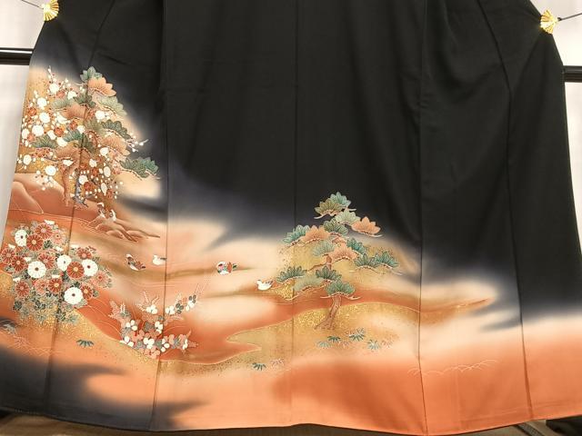 平和屋着物■豪華黒留袖 刺繍 鴛鴦花文 暈し染め 金糸 金彩 正絹 逸品 AABF1124oa