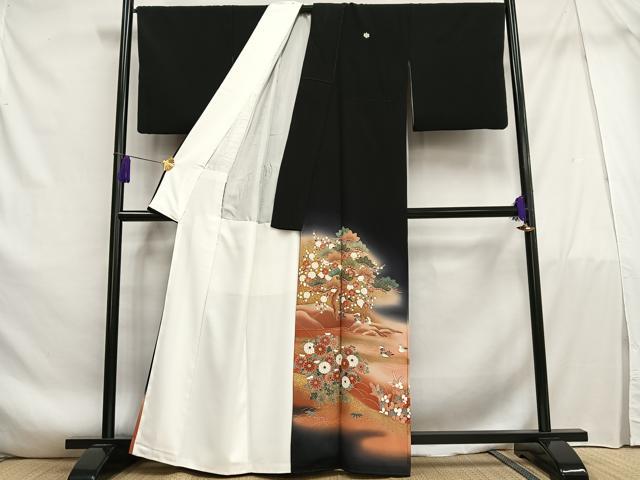 平和屋着物■豪華黒留袖 刺繍 鴛鴦花文 暈し染め 金糸 金彩 正絹 逸品 AABF1124oa