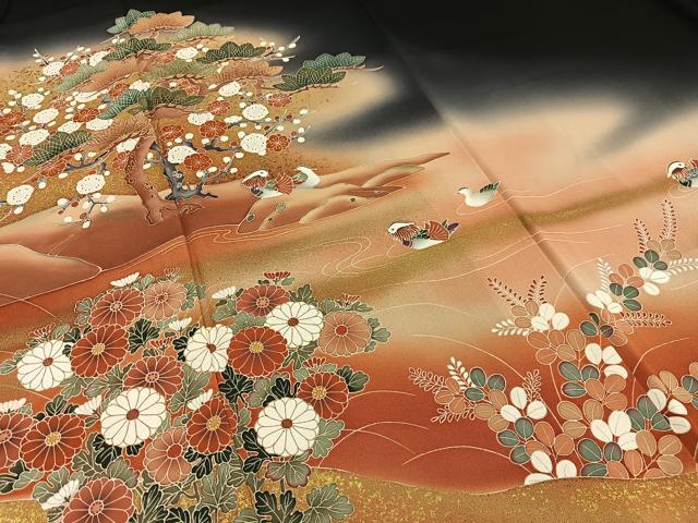 平和屋着物■豪華黒留袖 刺繍 鴛鴦花文 暈し染め 金糸 金彩 正絹 逸品 AABF1124oa