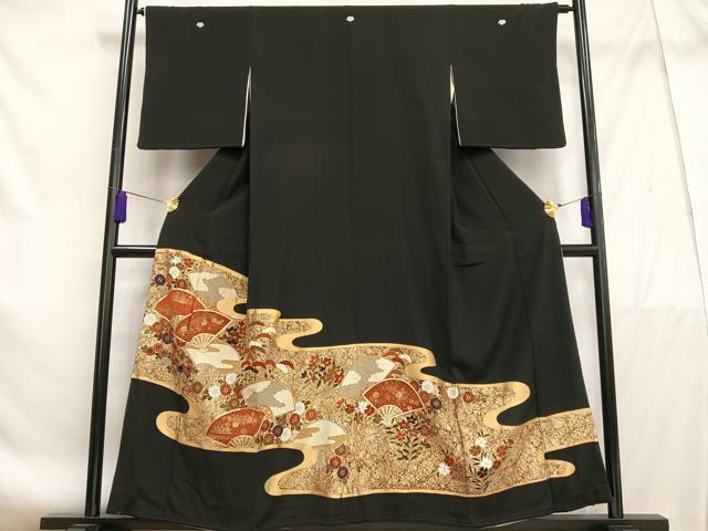 平和屋着物■豪華黒留袖　駒刺繍　扇草花文　金彩　ますいわ屋扱い　正絹　逸品　AABF1130oa
