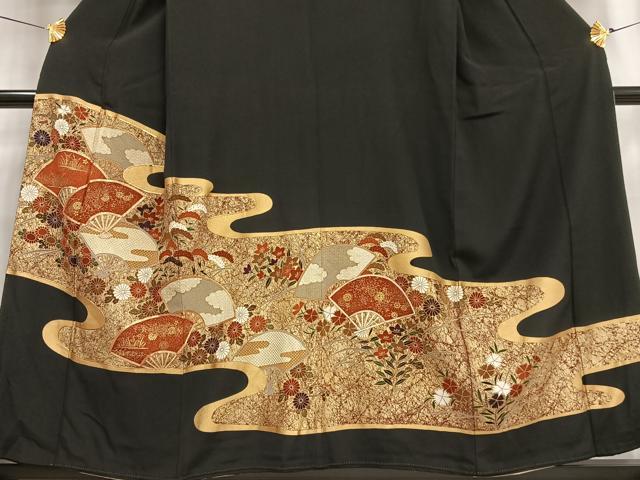 平和屋着物■豪華黒留袖　駒刺繍　扇草花文　金彩　ますいわ屋扱い　正絹　逸品　AABF1130oa