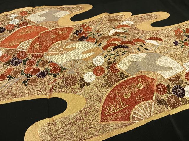 平和屋着物■豪華黒留袖　駒刺繍　扇草花文　金彩　ますいわ屋扱い　正絹　逸品　AABF1130oa
