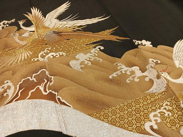 平和屋着物■豪華黒留袖　刺繍　鳳凰立波文　金銀糸　金銀彩　正絹　逸品　AABF1202oa