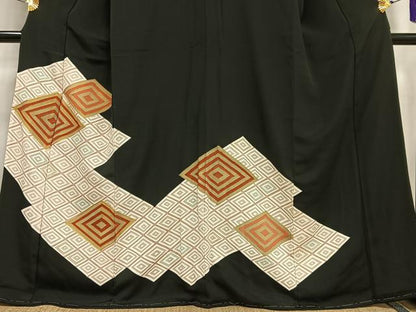 平和屋着物■豪華黒留袖　駒刺繍　菱文　金彩　正絹　逸品　AABF1206oa