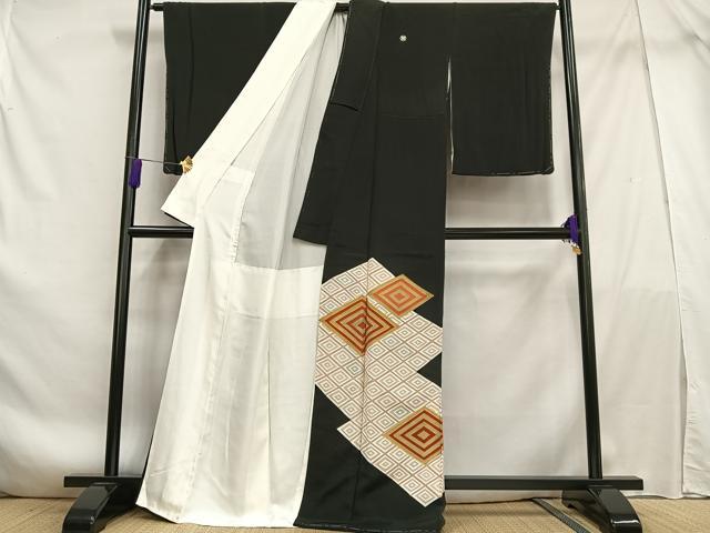 平和屋着物■豪華黒留袖　駒刺繍　菱文　金彩　正絹　逸品　AABF1206oa