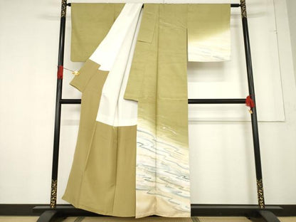 平和屋着物●石川県指定無形文化財 牛首紬 白山工房 手織り 現代の名工 京友禅 村田道宣 訪問着 さざ波文 暈し染め 正絹 逸品 AABF1321ck