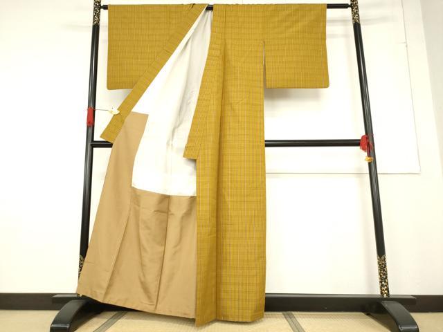 平和屋着物●黄八丈　紬　格子　正絹　逸品　AABF1327ck