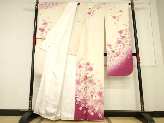 平和屋着物●豪華振袖　舞花文　暈し染め　金彩　銀通し地　さが美扱い　正絹　逸品　AABF1336ck