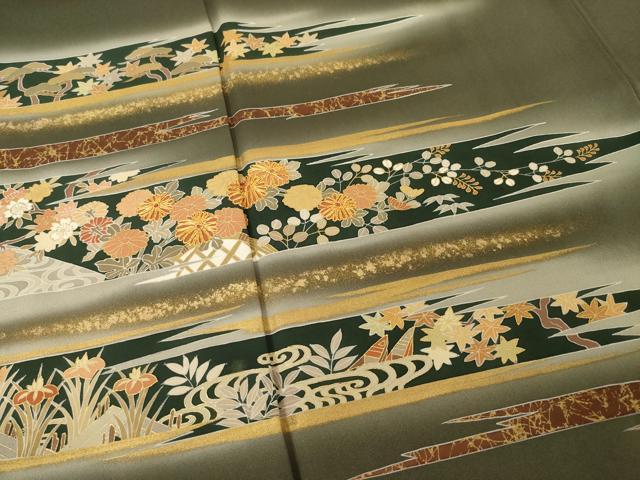 平和屋着物●訪問着　駒刺繍　渡り橋風景花文　金彩　正絹　逸品　AABF1339ck 平和屋着物○訪問着 駒刺繍 渡り橋風景花文 金彩 正絹 逸品