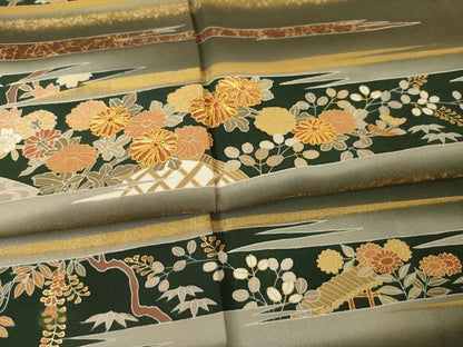 平和屋着物●訪問着　駒刺繍　渡り橋風景花文　金彩　正絹　逸品　AABF1339ck