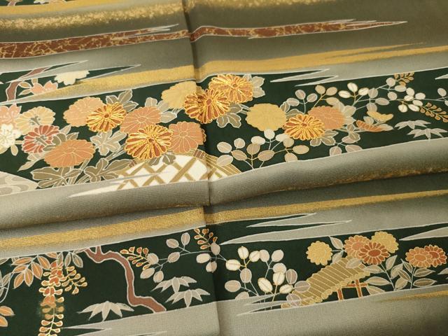 平和屋着物●訪問着　駒刺繍　渡り橋風景花文　金彩　正絹　逸品　AABF1339ck