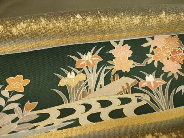 平和屋着物●訪問着　駒刺繍　渡り橋風景花文　金彩　正絹　逸品　AABF1339ck 平和屋着物○訪問着 駒刺繍 渡り橋風景花文 金彩 正絹 逸品