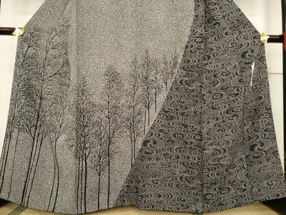 平和屋着物●二代目 川村久太郎　訪問着　流水樹林文　黒地　正絹　逸品　AABF1345ck