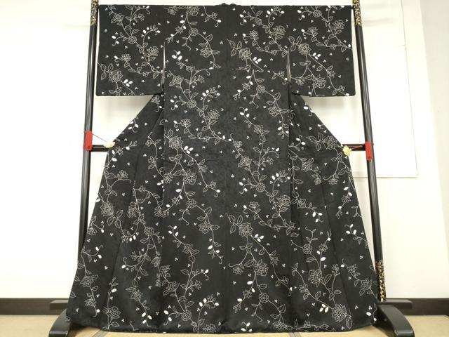 平和屋着物●上質な小紋　絞り　更紗花蔦草文　黒地　正絹　逸品　AABF1346ck 平和屋着物○上質な小紋 絞り 更紗花蔦草文 黒地 正絹 逸品