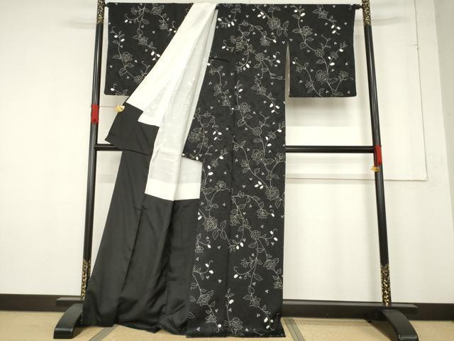 平和屋着物●上質な小紋　絞り　更紗花蔦草文　黒地　正絹　逸品　AABF1346ck 平和屋着物○上質な小紋 絞り 更紗花蔦草文 黒地 正絹 逸品
