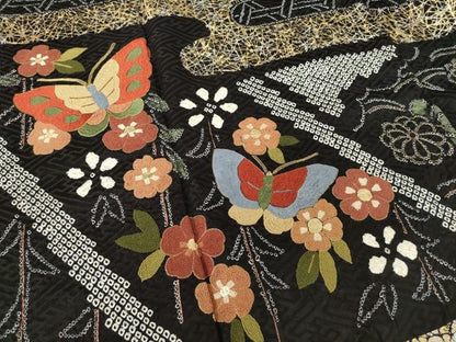 平和屋着物●豪華振袖　総絞り　中国三大刺繍　相良刺繍　花蝶文　黒地　金銀彩　正絹　逸品　AABF1353ck