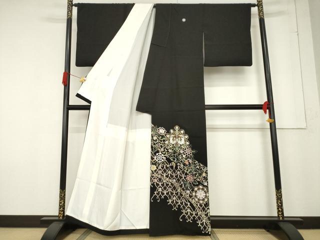 平和屋着物●豪華黒留袖　総刺繍　中国三大刺繍　汕頭刺繍　スワトウ刺繍　向い鳥更紗花文　金糸　正絹　逸品　AABF1354ck