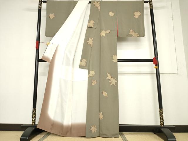 平和屋着物●上質な小紋　舞葉文　鬼しぼ縮緬　正絹　逸品　AABF1363ck